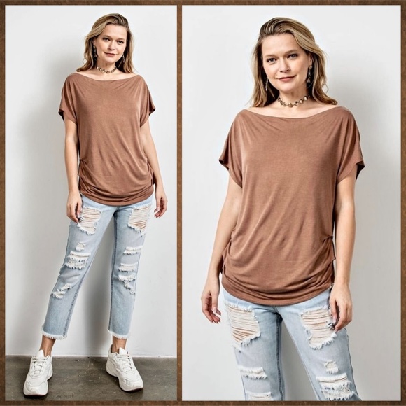 EASEL Ruched Sides Slouchy Short Dolman Sleeves Slinky Boat Neck Top Scooped Hem - Picture 6 of 13